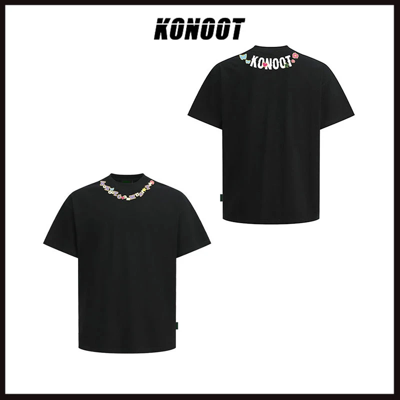 KONOOT螺纹字母LOGO设计短袖男美式宽松潮流休闲情侣圆领T恤夏季
