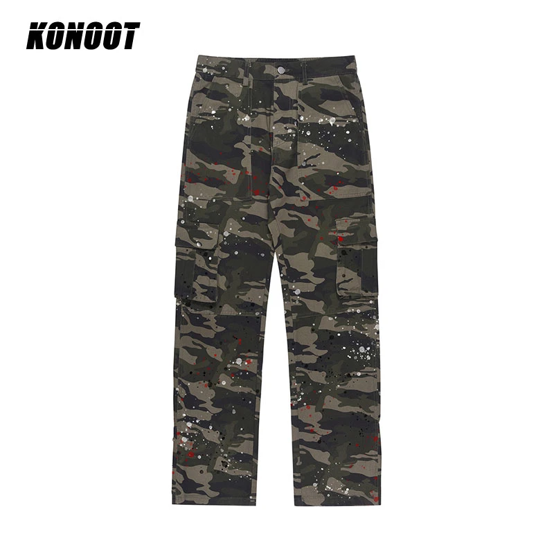 KONOOT复古泼墨迷彩裤工装牛仔裤男街头美式休闲裤直筒微喇叭裤子