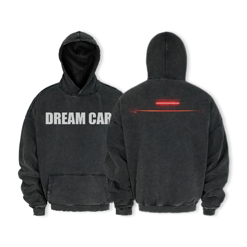 KONOOT美式复古水洗做旧DREAM CAR连帽卫衣男女百搭长袖帽衫外套