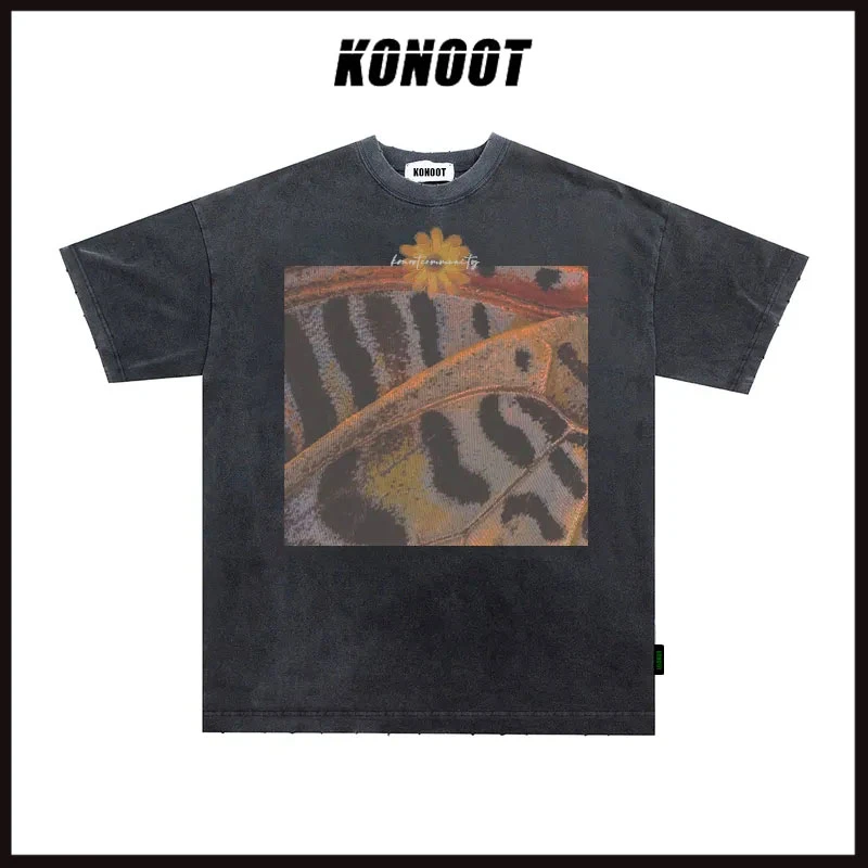 KONOOT复古蝴蝶翅膀短袖t恤男女美式宽松休闲圆领百搭水洗做旧夏