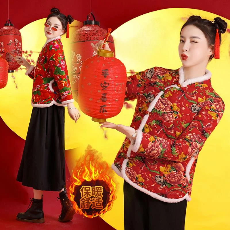 东北大花袄女冬季民族风复古斜襟盘扣小棉袄加棉显瘦保暖短款棉服