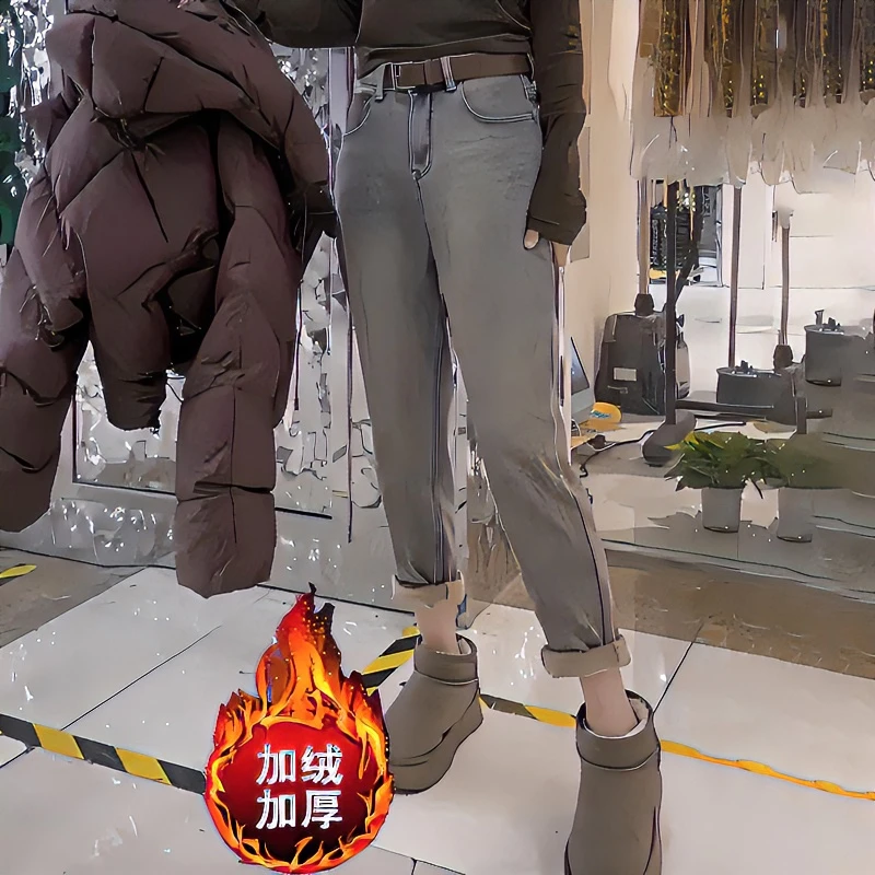 大码女裤2024年冬季新款加绒加厚复古牛仔裤高腰显瘦哈伦裤老爹裤