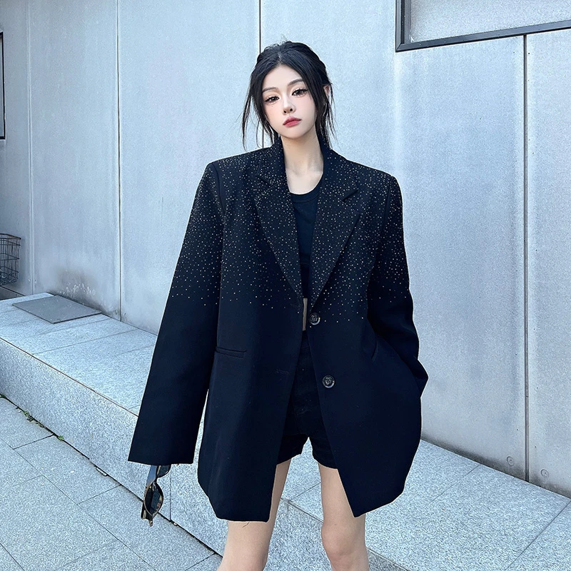 黑色烫钻西装外套女春季2024新款气质高级感宽松百搭休闲西服上衣