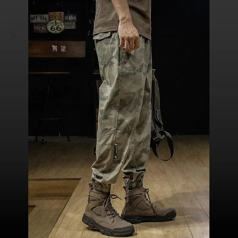 工装裤潮牌大码美式男士高档秋季宽松复古束脚休闲裤子迷彩秋冬款