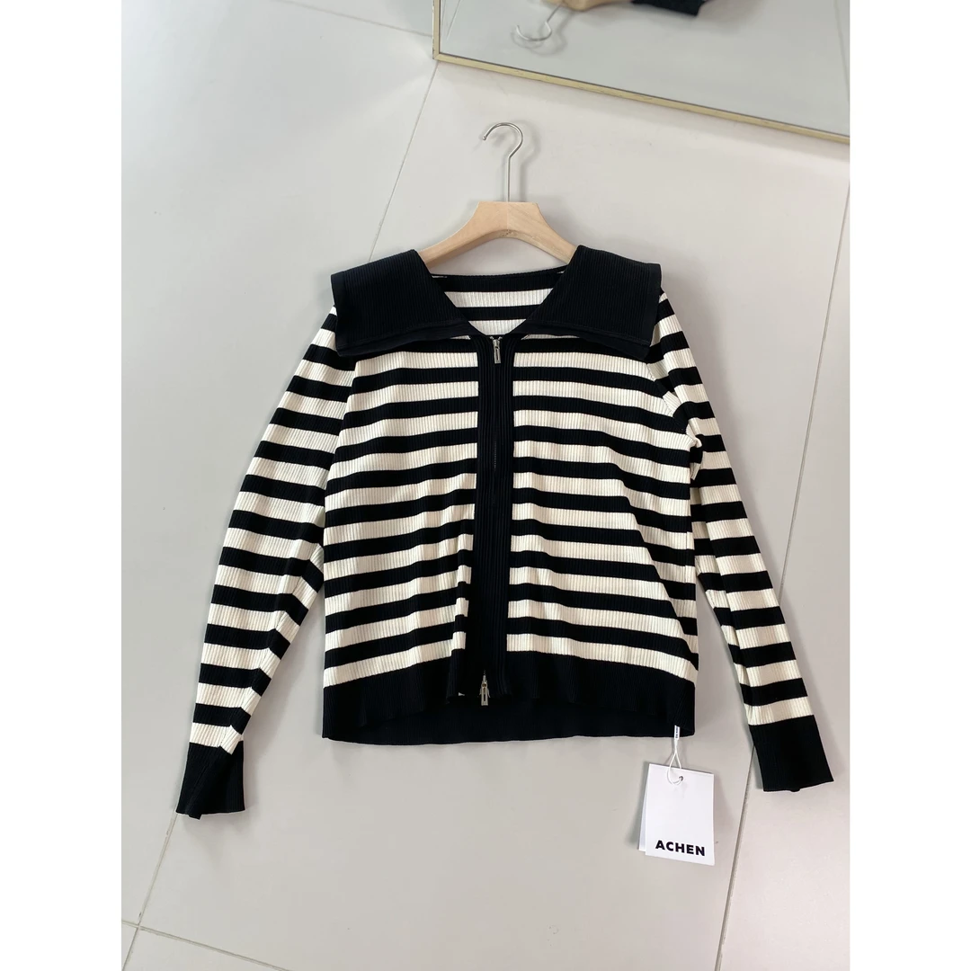 #21765翻领条纹显瘦长袖针织衫