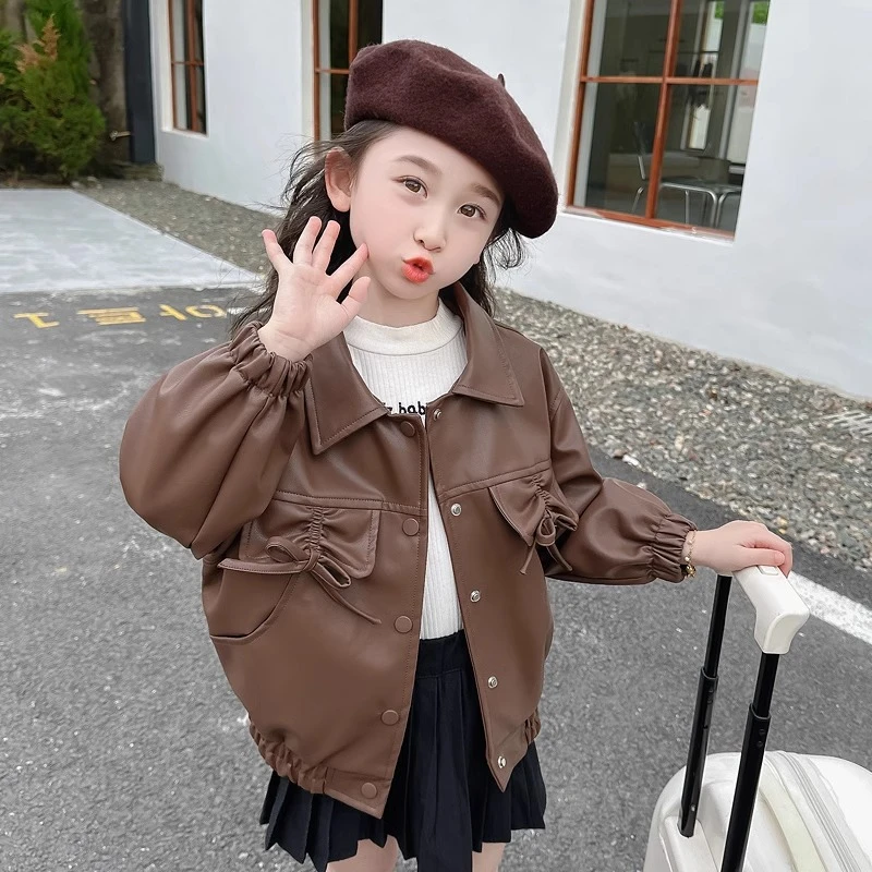 女童皮衣外套秋装2024新款儿童洋气时髦春秋女孩短款夹克上衣百搭