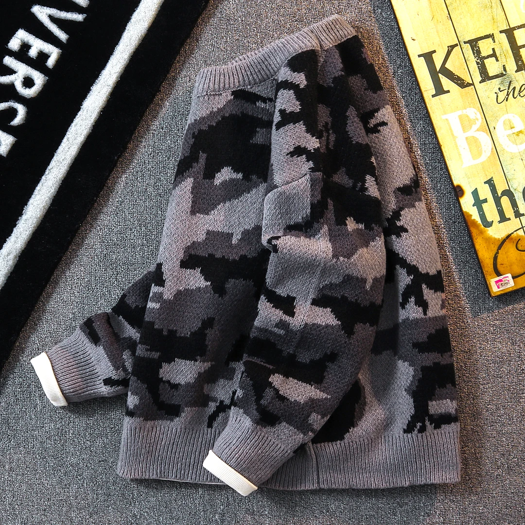 圆领迷彩毛衣男秋冬款保暖宽松百搭潮牌针织衫外套个性慵懒风线衣