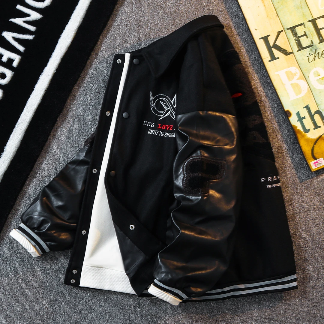 美式高级感外套男士春秋潮牌宽松潮男潮流痞帅pu皮袖拼接夹克外衣