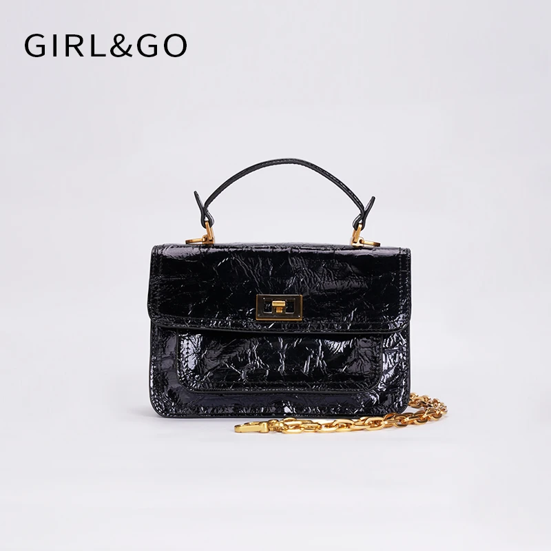 girl.go复古油蜡皮黑色单肩斜跨链条小方包
