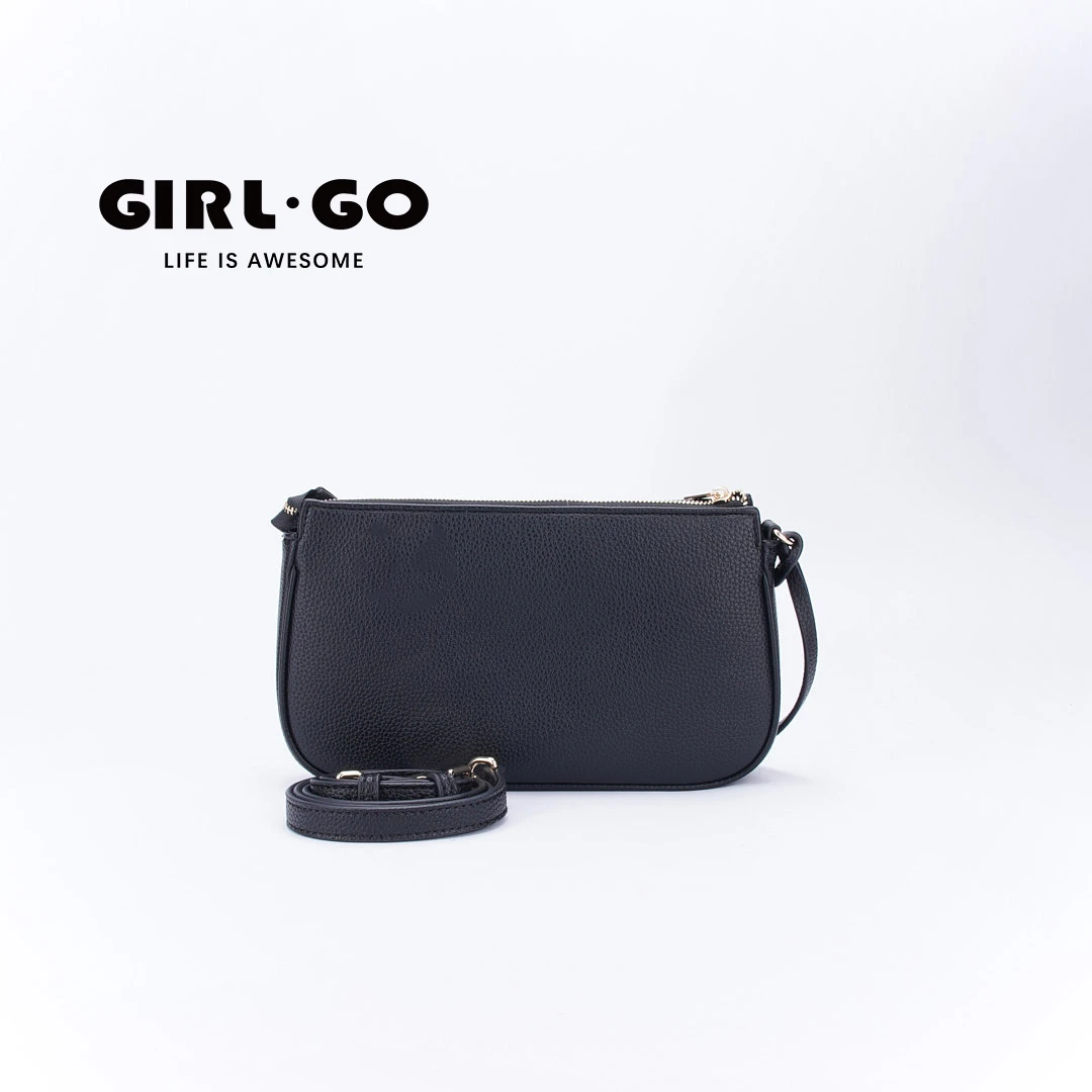 girl.go黑色经典牛皮单肩包斜挎荔枝纹简约