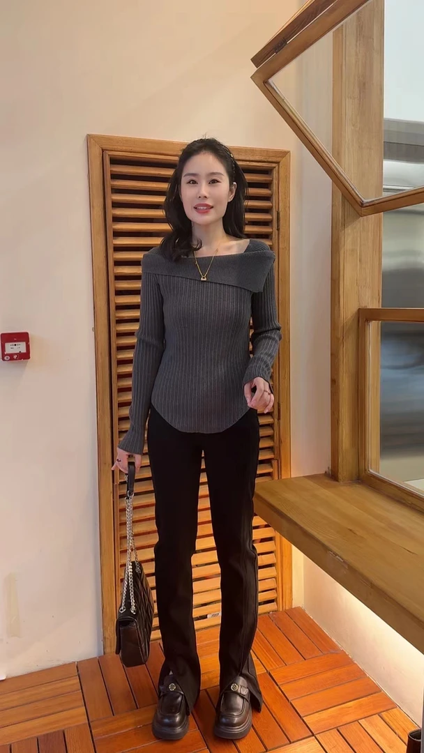 Miss huo 一字肩针织毛衫 A 灰色 17186