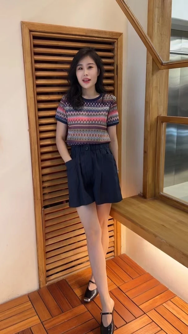 Miss huo  民族风条纹短袖套装 A 藏蓝色  89029-1