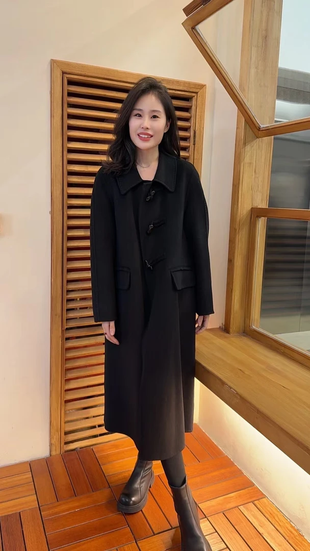 Miss huo 明线蝴蝶结扣大衣 A 黑色 8813