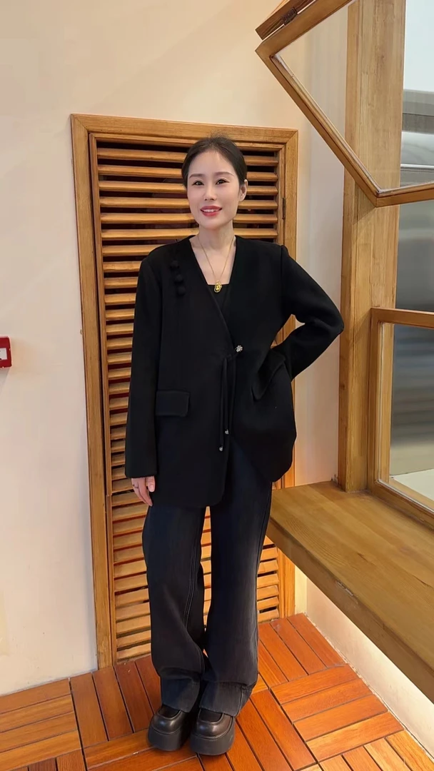 Miss huo 国风双面呢中长款外套 A 黑色  66013