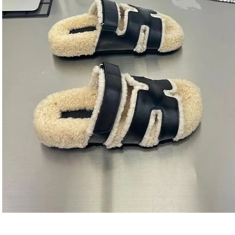 Mis huo 休闲一字拖毛毛鞋 黑色C D16