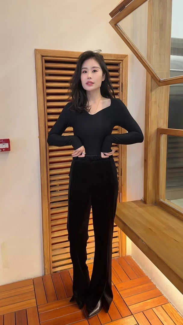 Miss Huo 加绒侧开叉条绒裤 B 黑色 5868