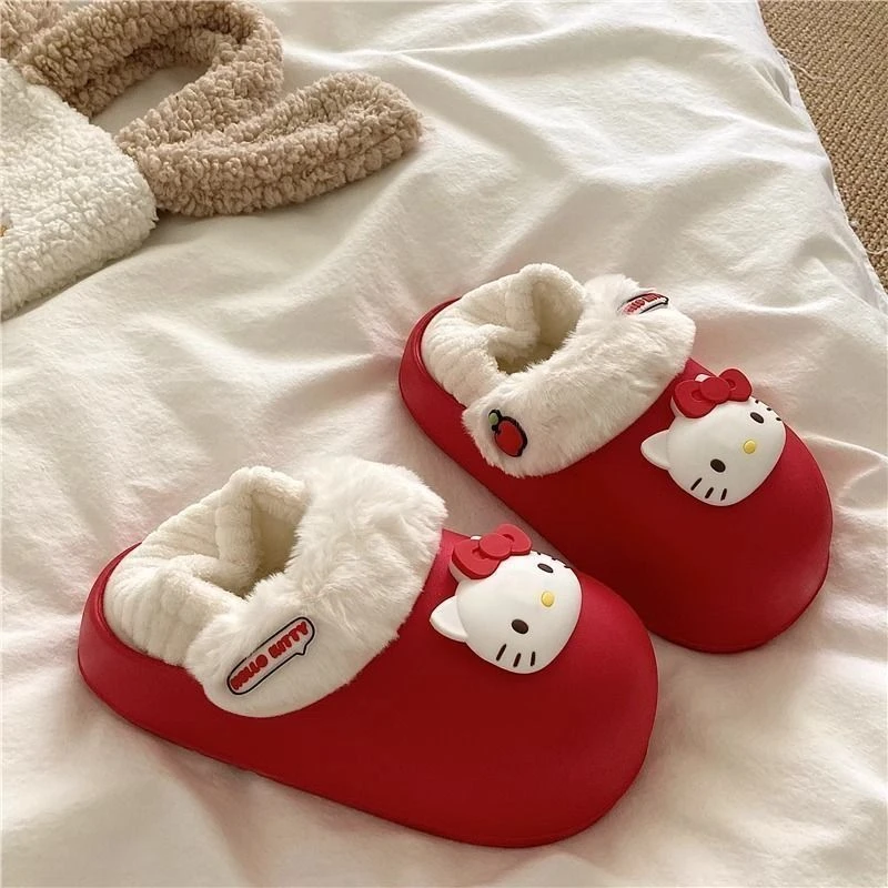 红色凯蒂猫~INS卡通美乐蒂厚底棉拖鞋冬季外穿保暖包头毛毛拖女潮