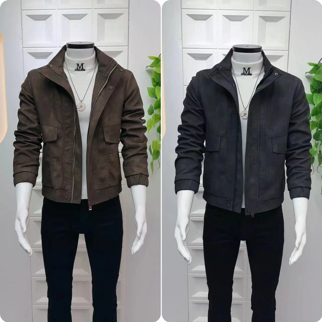 潮牌痞帅工装男士加绒皮衣外套2024新款秋冬高级感立领皮夹克男款