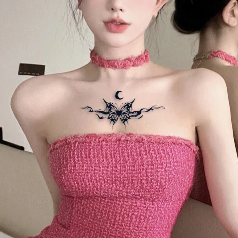 月谷蝴蝶草本纹身半永久防水防汗辣妹锁骨小众高级感果汁贴纸新款