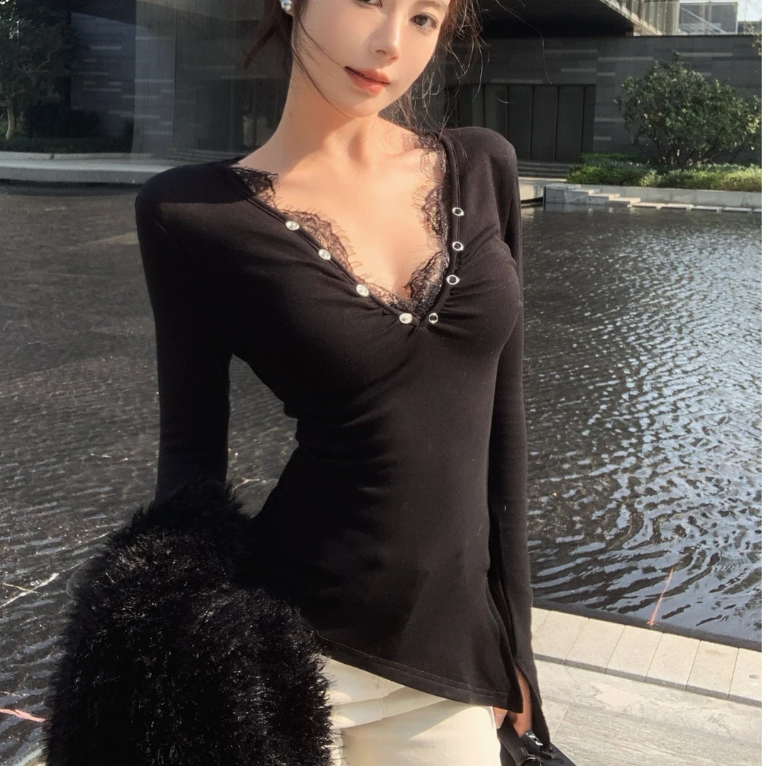 纯欲辣妹修身显瘦V领拼接蕾丝长袖加绒打底衫上衣女