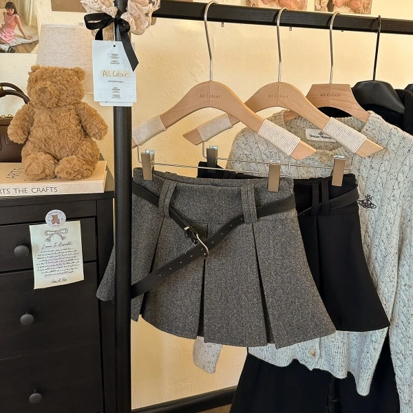 【送腰带】秋冬毛呢美式学院风百褶高腰短裙灰色学姐风小个子a字裙