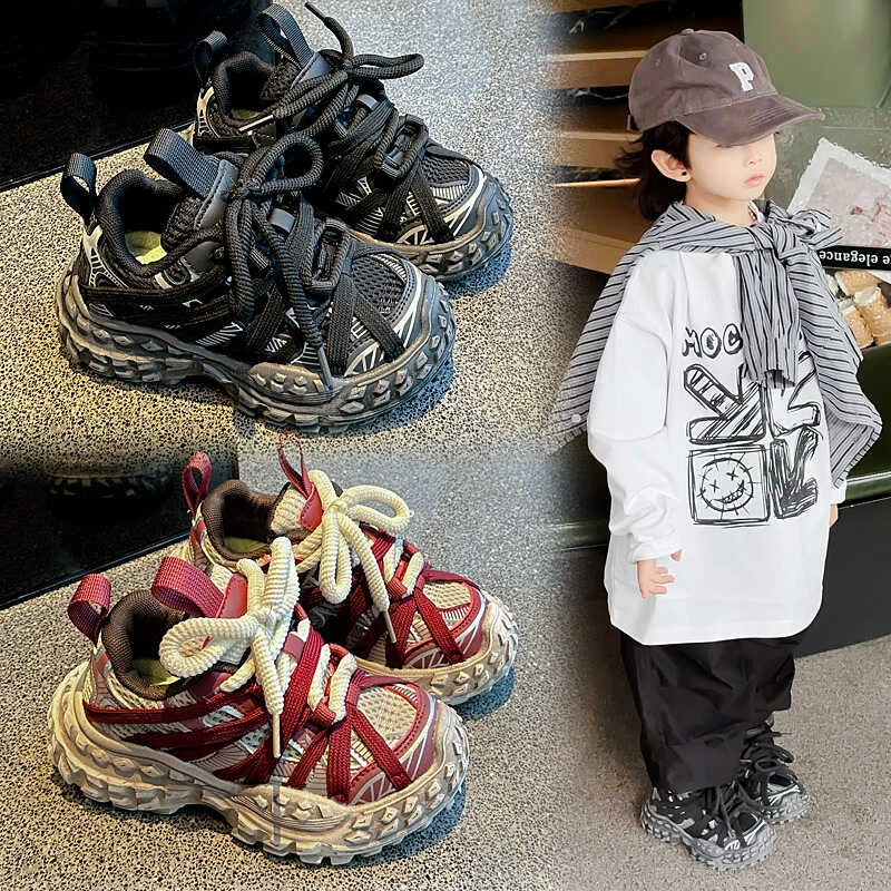 复古擦色女童蜘蛛运动鞋2024秋季新款男童厚底防滑老爹鞋-8092