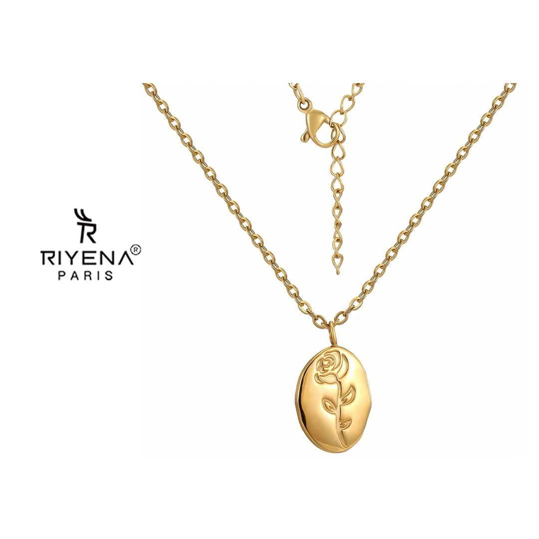 铜合金项链 轻奢优雅设计女不锈钢镀金小众雕刻花朵图案法式项链