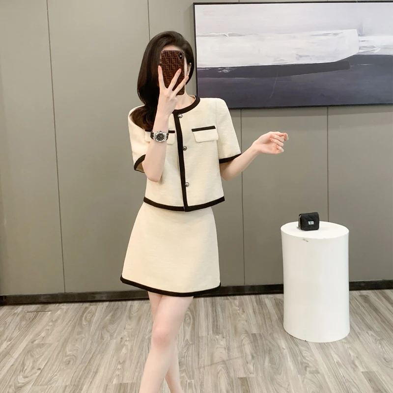 法式小香风套装裙女夏季2025新款气质高级感减龄短款a字裙两件套