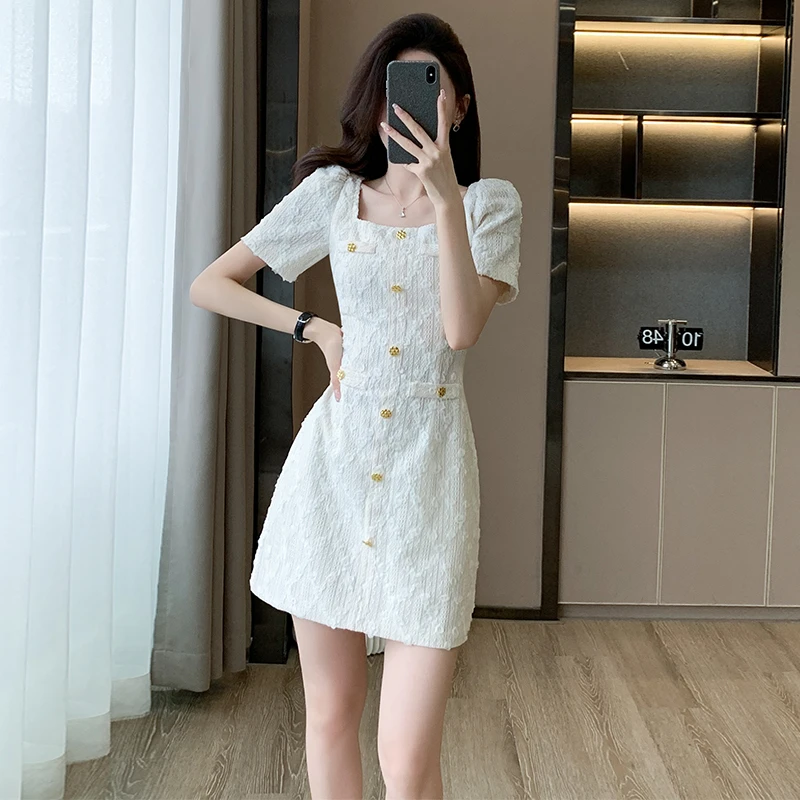 气质法式白色小香风连衣裙女夏高级感温柔风仙气收腰小个子A字裙