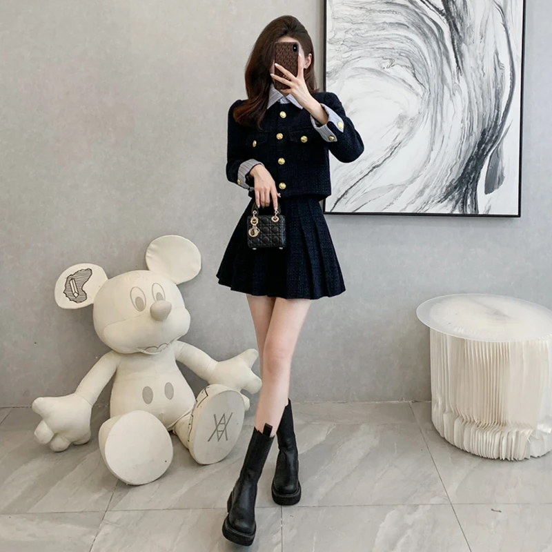 小香风套装裙女秋冬季2024新款气质时尚高级感外套百褶短裙两件套