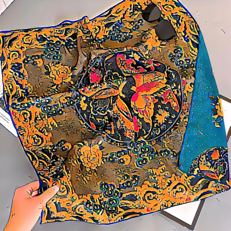 龟裂纹蝶恋花70方巾手工卷边时尚百搭双面提花老料高档女士气质