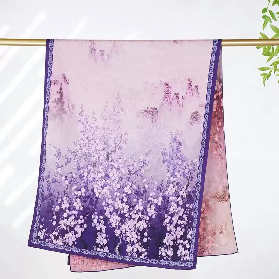 A09【紫梅】香云长巾龙鳞纹百搭气质双面披肩围巾紫色扎染女士大方