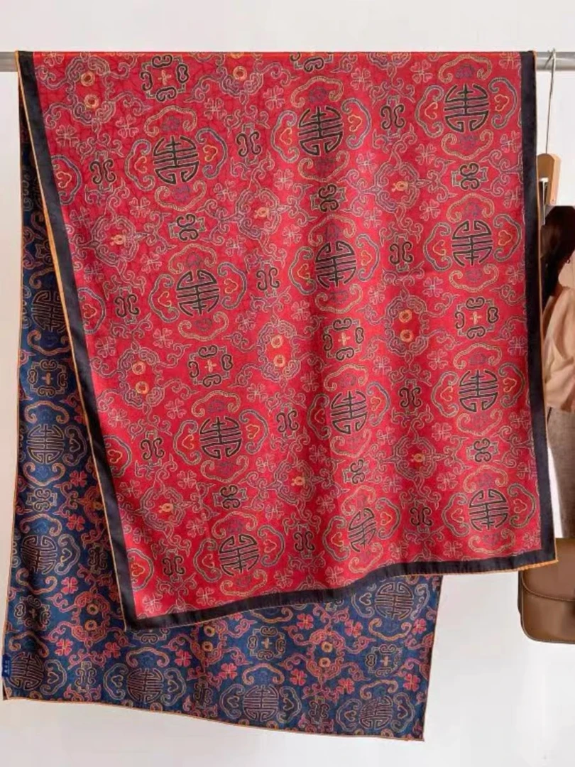 新年【万寿图】香云双面提花长巾高档披肩女士红色围巾百搭国风卷边