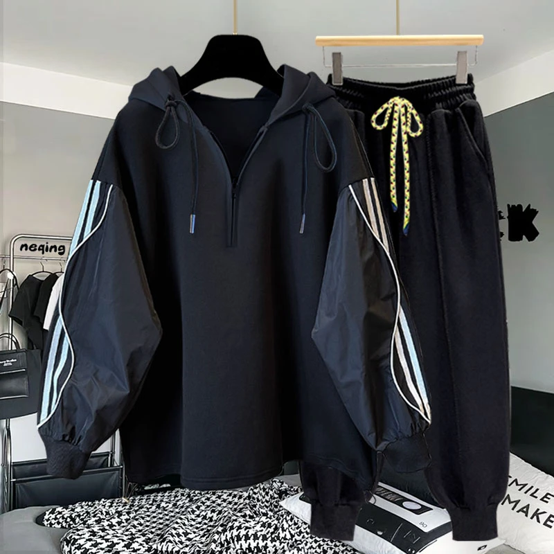 半拉链连帽卫衣套装男秋冬季潮牌痞帅条纹拼接休闲学生穿搭一整套