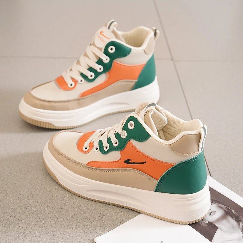 高帮板鞋女2023春季新款休闲鞋运动鞋韩版百搭厚底学生拼色小白鞋