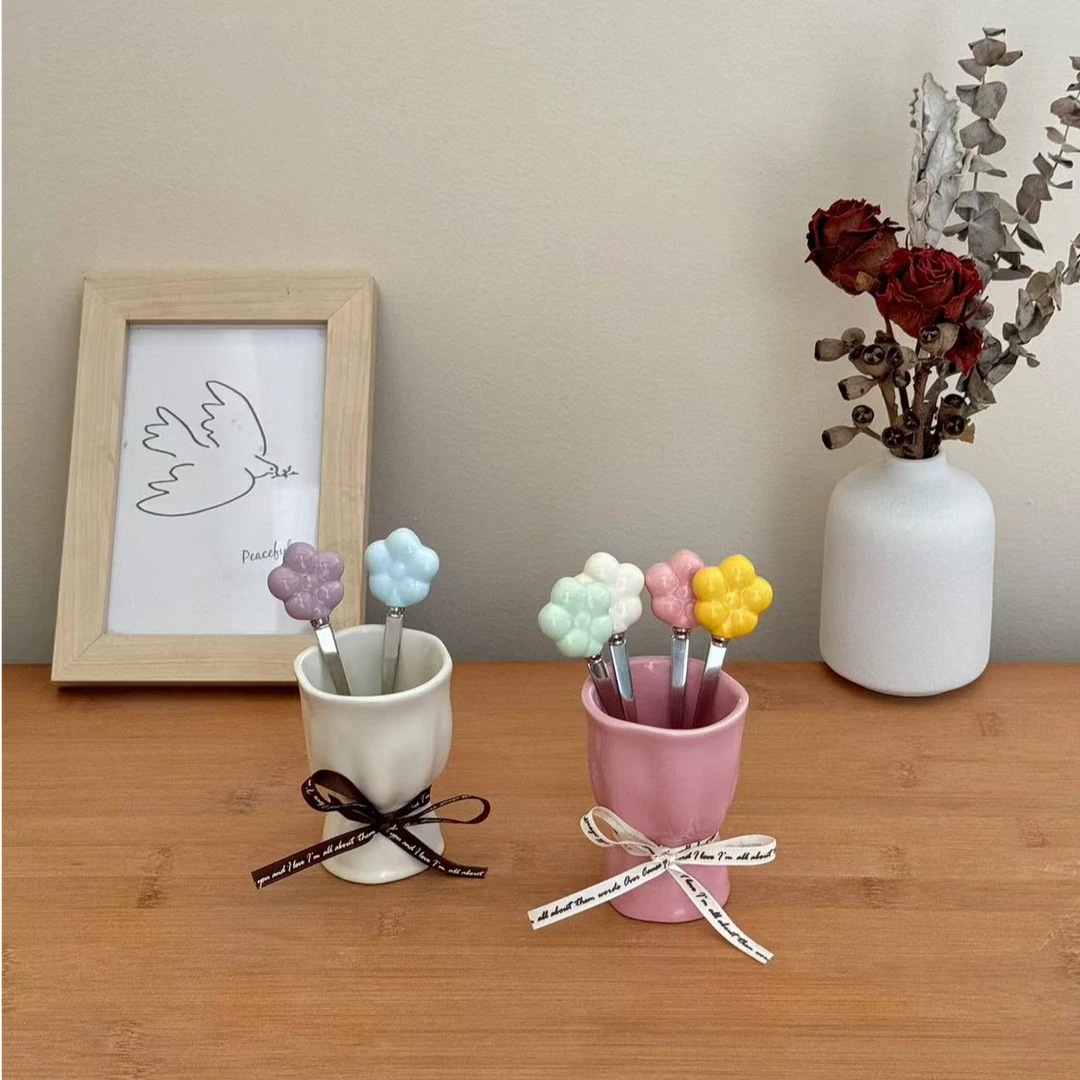 陶瓷花束水果叉收纳罐套装高级感蛋糕甜点不锈钢叉子家用水果签