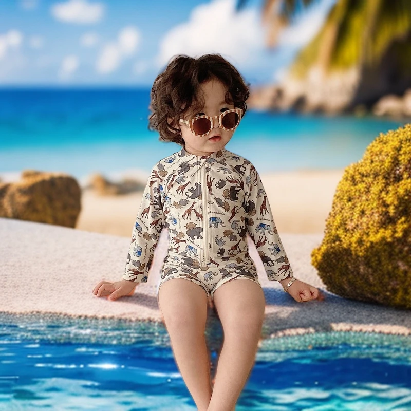 男童长袖速干防晒宝宝连体儿童游泳衣男孩抗氯男宝泳衣儿童1-3岁