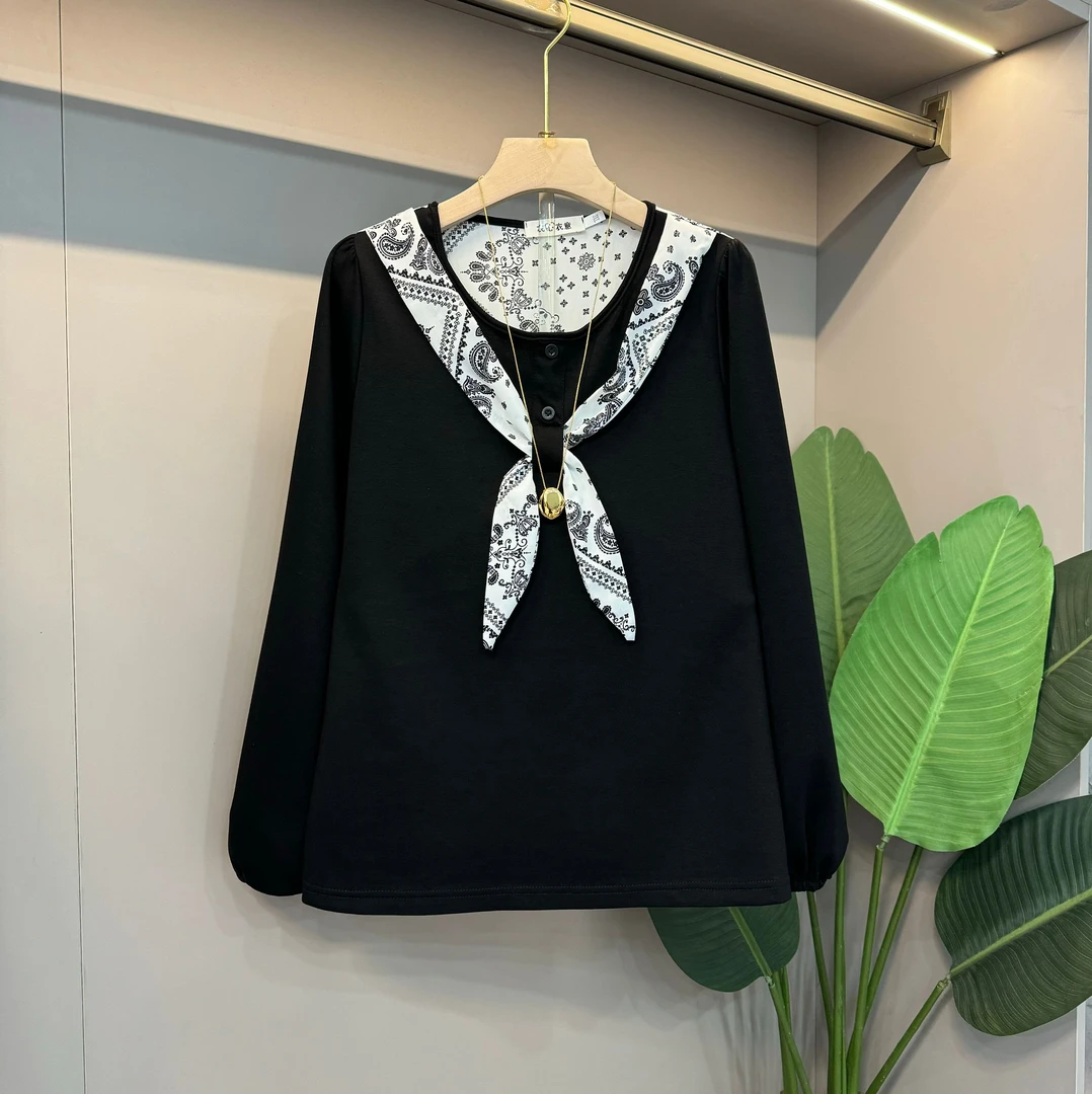 2024大码女装早秋新品甜美时尚韩版洋气拼接领结显瘦百搭衬衫潮