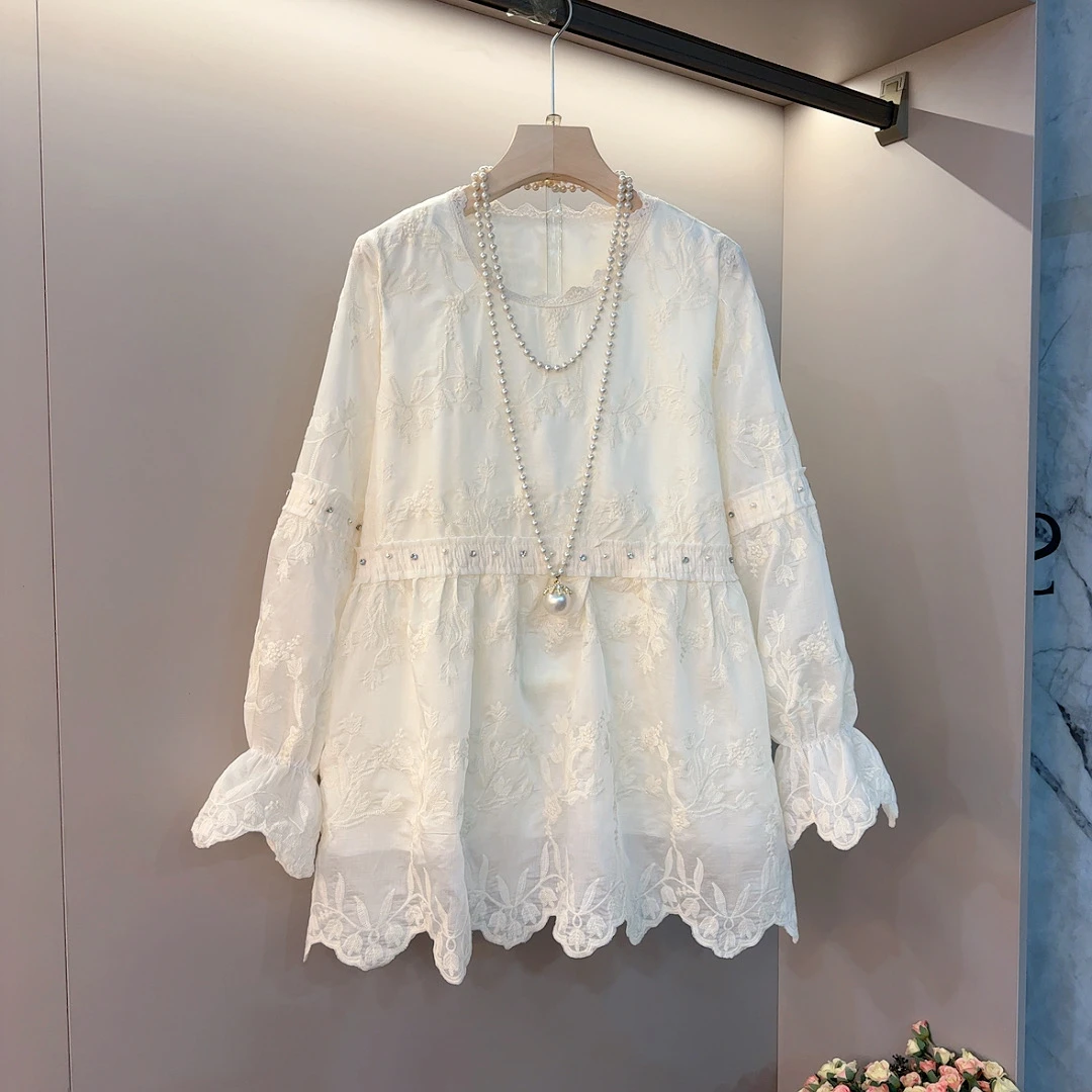 新款圆领花边重工艺提花气质大码女装胖妹妹显瘦百搭长袖上衣女装