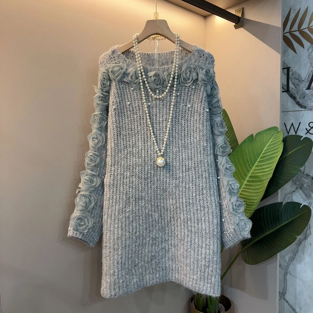 慵懒风玫瑰花钉珠设计感中长毛衣24胖mm显瘦针织衫大码女装衣长65