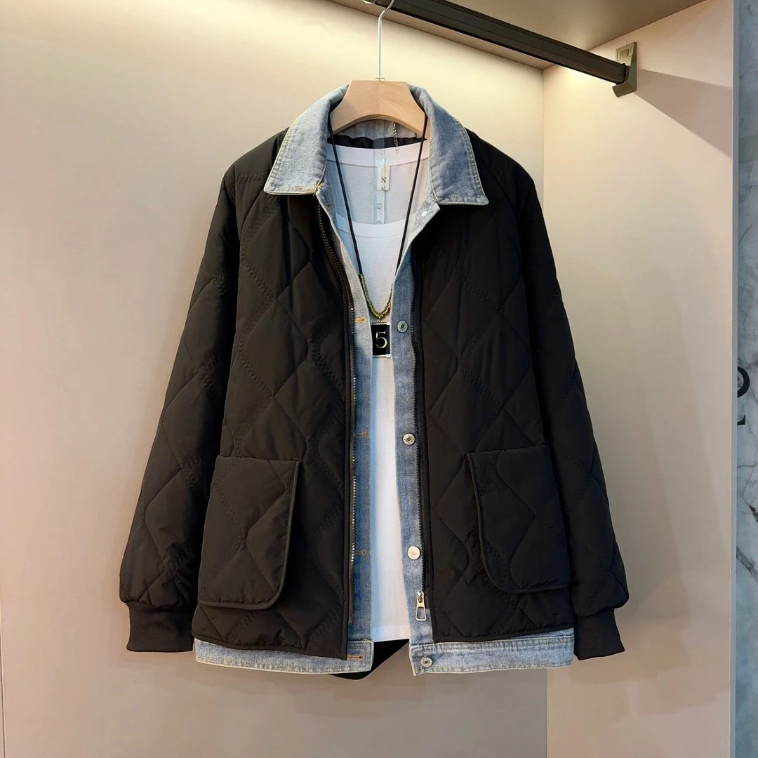 假两件牛仔拼接女冬季大码胖mm显瘦百搭流行显瘦时尚外套【衣长73】