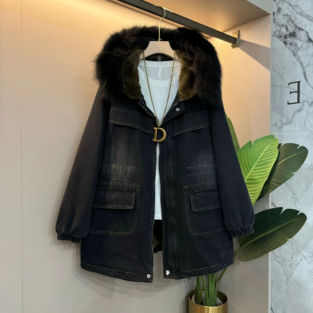 2024秋冬新款加绒加厚牛仔外套女中长款连帽大毛领百搭宽松外套