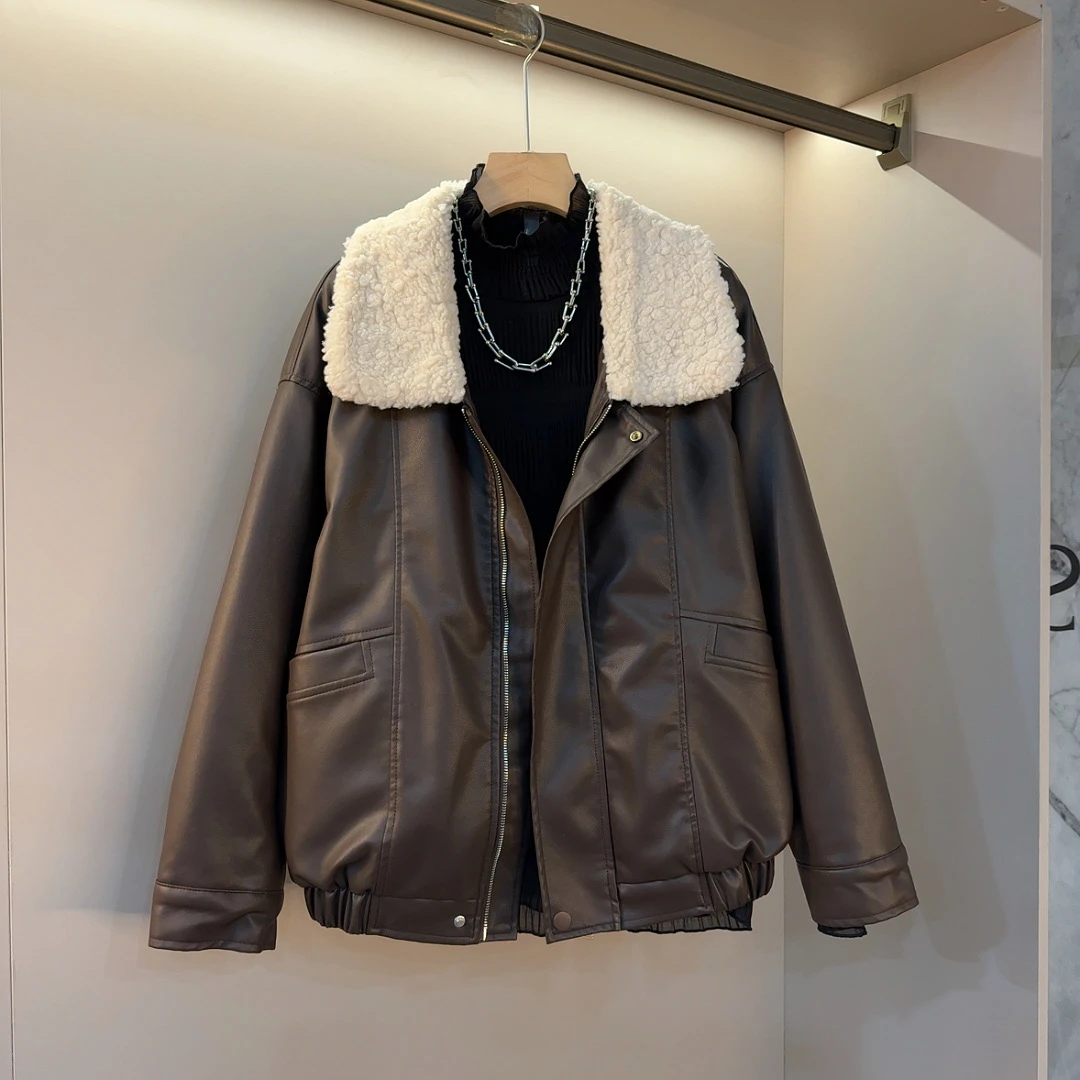 机车风外套女冬季款韩系高级感拼接设计大码女装百搭棉衣衣长65