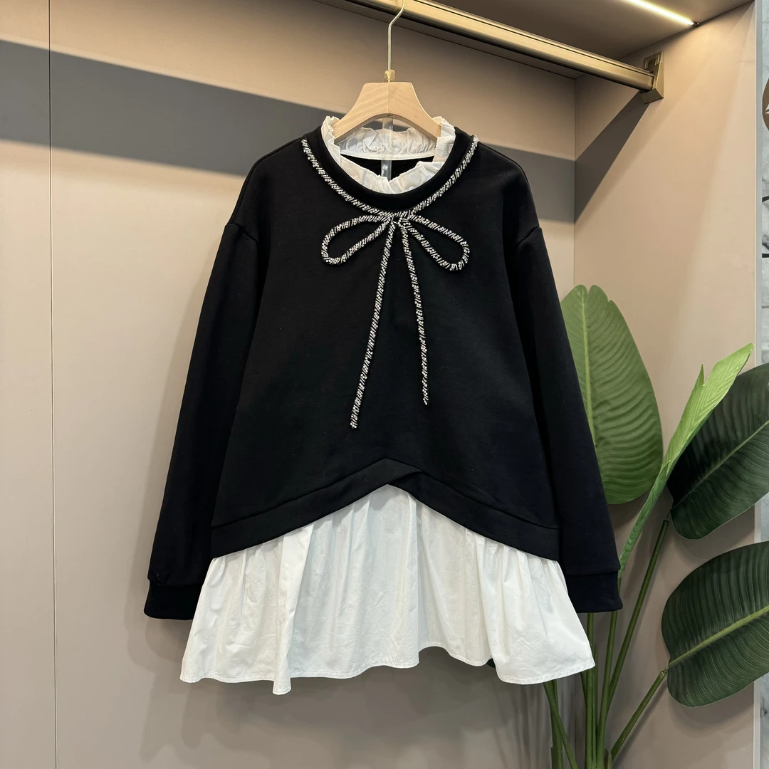 大码女装圆领蝴蝶结亮钻长袖胖MM韩版宽松甜美减龄假两件显瘦上衣