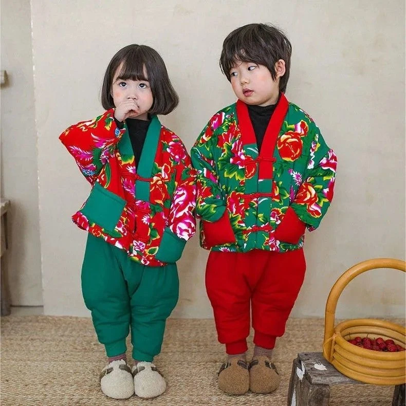 东北大花袄儿童唐装男童中国风冬款女宝宝喜庆拜年服加厚保暖套装