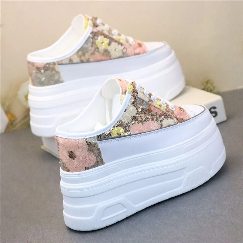 增高显瘦12cm洋气亮片包头无后跟懒人女拖鞋气质外穿10cm小个子拖