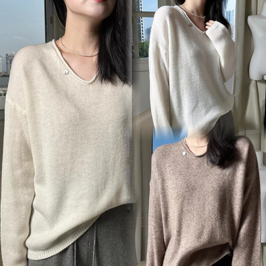 羊绒羊毛莱塞尔混纺宽松V领针织衫毛衣93019