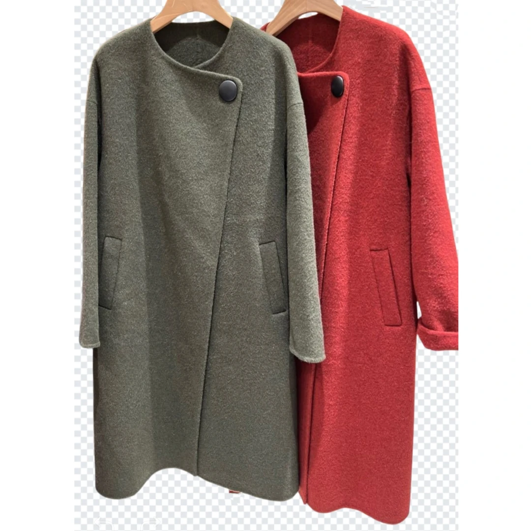 骆驼绒桑蚕丝澳洲羊毛圆领一粒扣大衣D13