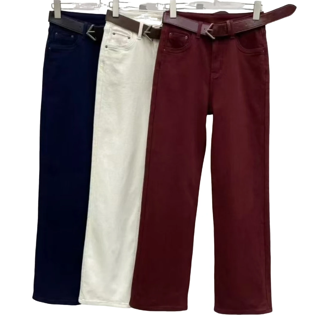 加绒配腰带直筒牛仔裤秋冬保暖三色可选9068