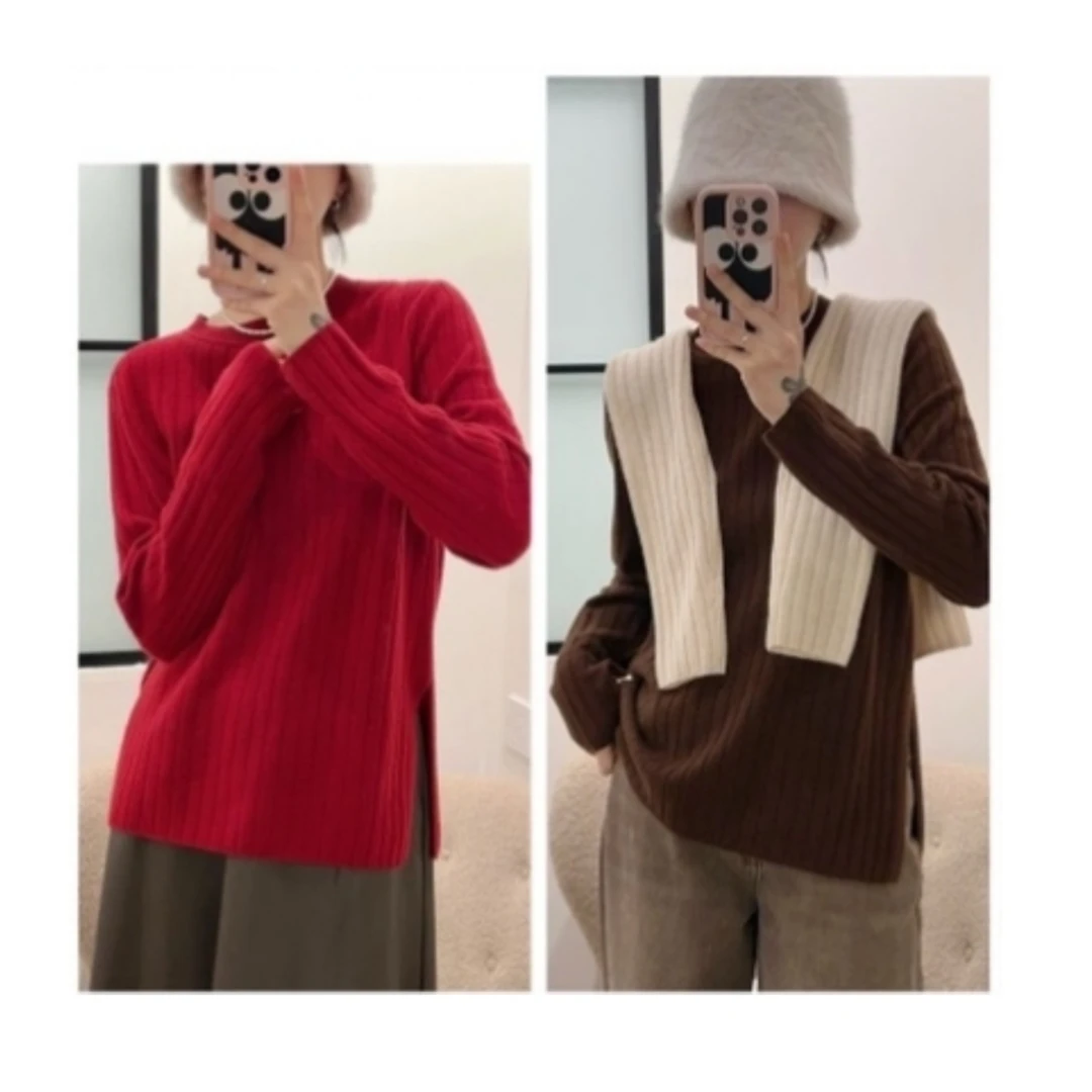 山羊绒绵羊毛下摆开叉毛衣针织套头衫3170